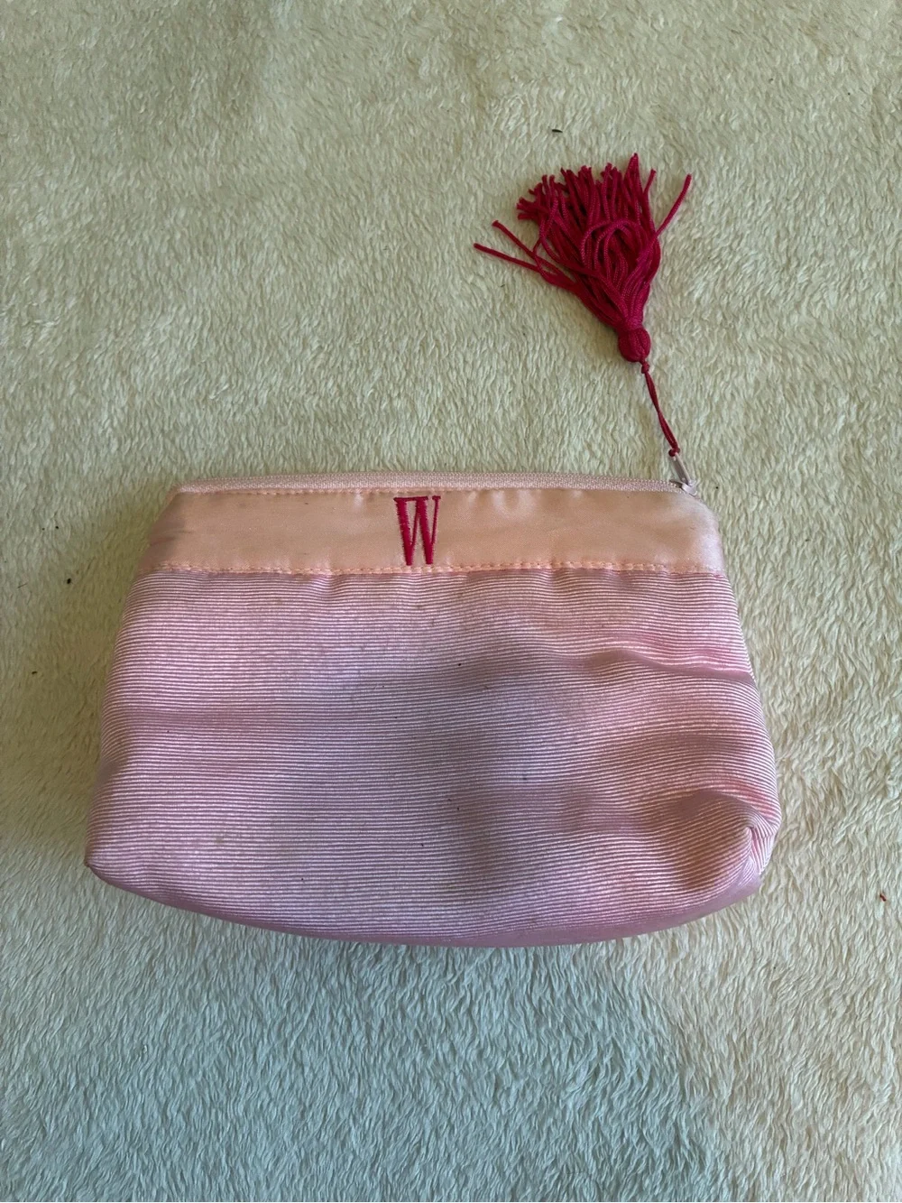 Monogram W Pink Satin Tassel Cosmetic Pouch